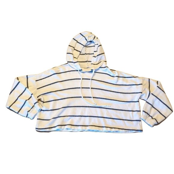 Lovestitch Hoodie Sweatshirt Womens Small White Blue Striped Beach Crop Pullover - Picture 1 of 9